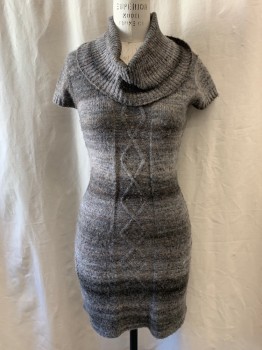 RONNI NICOLE, Gray, Lt Gray, Brown, Acrylic, Polyester, Stripes - Horizontal , Knit Sweater Dress, Cowl Neck, Cap Sleeve, Diamond Knit Pattern Vertically Down Middle, Hem Above Knee