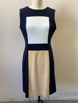 CALVIN KLEIN, Navy Blue, Beige, White, Polyester, Rayon, Color Blocking, Jersey, Rectangular Beige and White Panels at Front, 2" Wide Navy Waist Panel, Round Neck,  Straight Fit, Knee Length, Invisible Zipper in Back