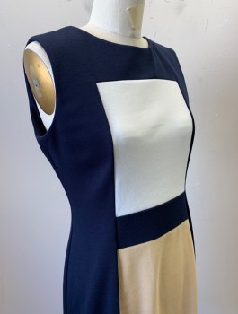 CALVIN KLEIN, Navy Blue, Beige, White, Polyester, Rayon, Color Blocking, Jersey, Rectangular Beige and White Panels at Front, 2" Wide Navy Waist Panel, Round Neck,  Straight Fit, Knee Length, Invisible Zipper in Back