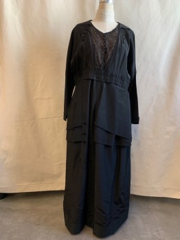 Womens, Historical Fiction Dress, MTO, Black, Silk, Solid, W38, B44, 1912, *Aged/Distressed* V-N, Round Flat Collar, L/S, Floral Lace Inlets, 6 Black Buttons on Sides of Bust, 5 Buttons Down Front with Snaps Under Placket, Pleated Waistband, Hook & Eyes on Waistband, 2 Tiered Layers, 6 Buttons on Right Side of Skirt, *Patched Tears and Holes on Right Side of Skirt, 5 Small Buttons are Worn, Cuffs are Torn*
