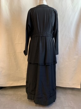 Womens, Historical Fiction Dress, MTO, Black, Silk, Solid, W38, B44, 1912, *Aged/Distressed* V-N, Round Flat Collar, L/S, Floral Lace Inlets, 6 Black Buttons on Sides of Bust, 5 Buttons Down Front with Snaps Under Placket, Pleated Waistband, Hook & Eyes on Waistband, 2 Tiered Layers, 6 Buttons on Right Side of Skirt, *Patched Tears and Holes on Right Side of Skirt, 5 Small Buttons are Worn, Cuffs are Torn*