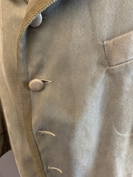 Mens, Historical Fiction Jacket, N/L, Mushroom-Gray, Cotton, Solid, 44, Mid 1800s, Old West, Knee Length, Heavy Twill, Seam Binding Detail Notched Lapel and Front Placket, 3 Pockets, Cuff Detail, Aged, Multiple