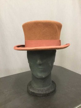 Mens, Historical Fiction Hat , N/L, Brown, Red Burgundy, Wool, Rayon, Solid, Brown Wool Low Top Hat, Burgundy Grosgrain Trim and Band
