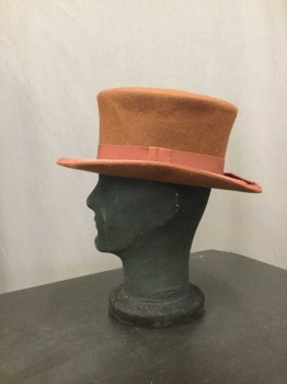 Mens, Historical Fiction Hat , N/L, Brown, Red Burgundy, Wool, Rayon, Solid, Brown Wool Low Top Hat, Burgundy Grosgrain Trim and Band