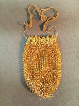 Womens, Purse 1890s-1910s, NO LABEL, Gold, Synthetic, Beaded, Solid, Crochet, Gold Beads,