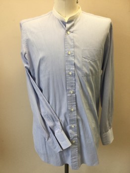 Mens, Shirt 1890s-1910s, ANTO, Baby Blue, White, Cotton, Stripes - Vertical , 37, 16.5, Baby Blue with White Pin-stripes, Band Collar,  Button Front, 1 Pocket, Long Sleeves,