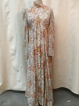 Womens, 1960s Vintage, Dress, NO LABEL, Beige, Brown, Lt Brown, Pink, Synthetic, Floral, W 26, B 34, Dress, Mock Neck, Sleeveless