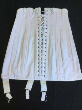 Womens, Corset 1890s-1910s, N/L, Lt Pink, Off White, Solid, Light Pink W/off White Lacing Trim Top, and Lacing Front, Hook Back, Garter Belts, See Photo Attached,
