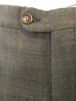 BURBERRY, Brown, Lt Brown, Blue, Wool, Plaid-  Windowpane, Check , Light Brown/Brown Micro Check/Speck Pattern, with Faint Blue Thin Windowpane Stripes, Flat Front, Zip Fly, Button Tab Waist, 4 Pockets, Straight Leg