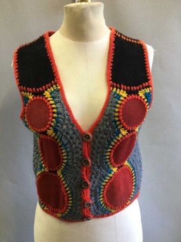 Womens, Vest, N/L, Red, Black, Gray, Orange, Yellow, Suede, Acrylic, Geometric, Crochet Yarn with Suede Circle Panels, 5 Silver Metallic Buttons, V Neck,