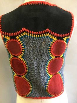 Womens, Vest, N/L, Red, Black, Gray, Orange, Yellow, Suede, Acrylic, Geometric, Crochet Yarn with Suede Circle Panels, 5 Silver Metallic Buttons, V Neck,