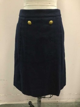 J CREW, Navy Blue, Cotton, Polyester, Solid, A-line, Twill, Center Back Zip, 2 Gold Decorative Buttons Front, 2 Pockets, Pleated Stripes Front