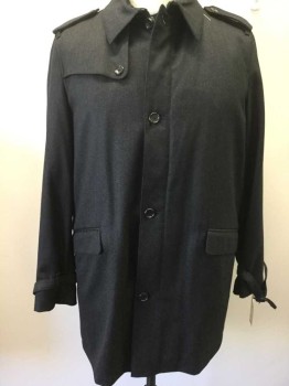 Mens, Coat, Overcoat, BROOKS BROTHERS, Charcoal Gray, Wool, Heathered, 46 R, Button Front & Zip Front, Collar Attached, Epaulets, 2 Pockets, Black Wool Removable Liner,