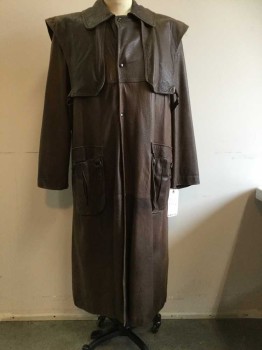 Mens, Coat, Duster, THE AUSTRALIAN OUTBA, Tobacco Brown, Leather, Mottled, 42, Heavy, Snap Closure, Detached Yoke with Underarm Straps, 2 Pockets, with Snap Buckle Closures, Elephant Skin