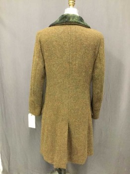 Mens, Coat, NO LABEL, Brown, Olive Green, Burnt Orange, Wool, Tweed, Medium, Long Sleeves, Olive Green Shearling Collar, 3 Buttons, 3 Pockets, Single Breasted