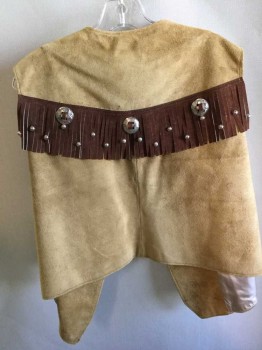 Mens, Leather Vest, N/L, Tan Brown, Brown, Suede, Solid, 48, Open Front, Tan Suede W. Brown Suede Fringe, 2 Patch Pocket,  See Photo Attached,