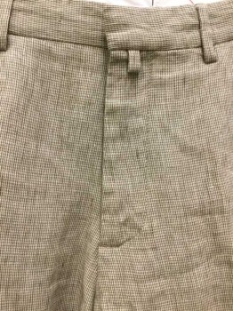 BROOKS BROTHERS, Cream, Brown, Linen, Houndstooth, Heathered, Heather Cream W/brown Small Hounds tooth, Flat Front, Zip Front,