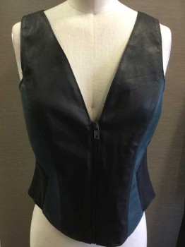 Womens, Sci-Fi/Fantasy Piece 1, MTO, Black, Teal Blue, Faux Leather, Synthetic, Color Blocking, W28, B32, Made To Order, Top  Zip Front, Sleeveless, Mesh Sides, Matching Pants