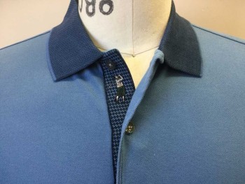 BOBBY JONES, Slate Blue, Black, Cotton, Solid, Birds Eye Weave, Slate Blue with Black/slate Blue Bird Eyes Woven Collar Attached, 3 Button Front, Short Sleeves W/knit Cuff, Side Split and Uneven Hem
