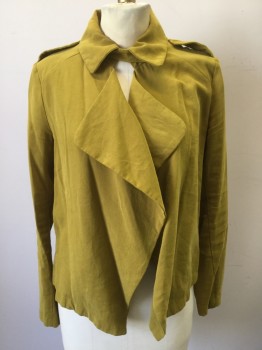 ZARA BASIC, Chartreuse Green, Cotton, Solid, Collar Attached, Off Side Open Front, Epaulettes, Long Sleeves, 2 Vertical Pockets on Side Seams, 1" Flap & Pleat Center Back