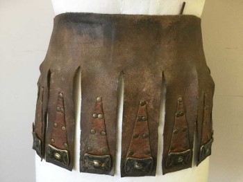 Mens, Historical Fiction Skirt, MTO, Brown, Brass Metallic, Leather, Metallic/Metal, W30-34, Leather Tab Skirt with Metals and Studs on Tabs, 2 Buckles