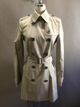 BURBERRY BRIT, Tan Brown, Cotton, Solid, Double Breasted, C.A., L/S, Tab Button Cuff, Epaulets, Back Yoke Flap, 2 Pckts, Flap At Left Shoulder, Center Back Vent, Collar Button Tab