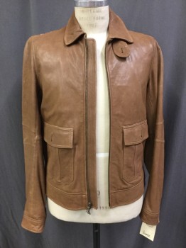 VINCE, Lt Brown, Leather, Solid, Zip Front, Long Sleeves with  Elbow Darts and Button Cuffs, 2 Flap Pocket, Back Belt Insert
