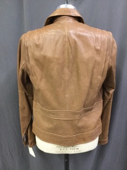 VINCE, Lt Brown, Leather, Solid, Zip Front, Long Sleeves with  Elbow Darts and Button Cuffs, 2 Flap Pocket, Back Belt Insert