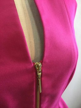 TED BAKER, Fuchsia Pink, Gold, Cotton, Rayon, Solid, Sleeveless, U-Neck with Deep V Notch, Gold Zipper From Neck to Hem, Peplum Waist, Shoulder Pads, Knee Length
