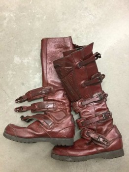 Mens, Sci-Fi/Fantasy Boots , N/L, Red Burgundy, Black, Leather, 12, Knee High Burgundy Leather W/Various Assorted Straps And Buckles And Sci Fi Textured Panels, Black Rubber Soles, Velcro Closures