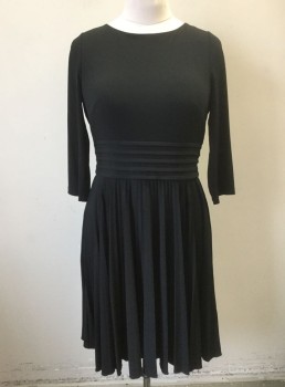 ELIZA J, Black, Polyester, Spandex, Solid, 3/4 Sleeves, Scoop Neck, Horizontally Pleated Waistband, with Knife Pleated Skirt, Knee Length, Invisible Zipper at Center Back