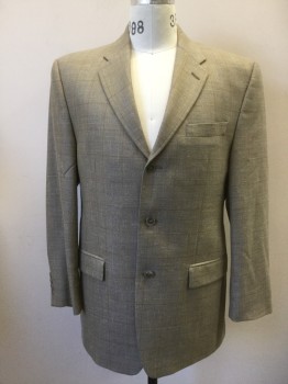 CALVIN KLEIN, Lt Brown, Lt Blue, Wool, Silk, Plaid, With Brown Check Lines, Single Breasted, Notched Lapel, 3 Pockets, 2 Buttons