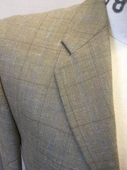 CALVIN KLEIN, Lt Brown, Lt Blue, Wool, Silk, Plaid, With Brown Check Lines, Single Breasted, Notched Lapel, 3 Pockets, 2 Buttons