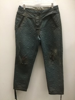 G STAR RAW, Steel Blue, Nylon, Polyester, Solid, Diamond Quilted, Zip/Snap Fly, 2 Diagonal Welt Snap Pockets Front, 2 Flap Pockets Back + 1 Welt Pocket, Watch Pocket, Flap Panel From Waistband, Drawstring Cuff, Aged & Distressed, Hole in Knees