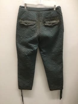G STAR RAW, Steel Blue, Nylon, Polyester, Solid, Diamond Quilted, Zip/Snap Fly, 2 Diagonal Welt Snap Pockets Front, 2 Flap Pockets Back + 1 Welt Pocket, Watch Pocket, Flap Panel From Waistband, Drawstring Cuff, Aged & Distressed, Hole in Knees