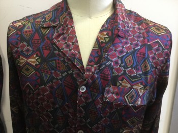 N L , Magenta Pink, Navy Blue, Sage Green, Gray, Black, Silk, Novelty Pattern, Collar Attached, Button Front, Long Sleeves, Patch Pocket,
