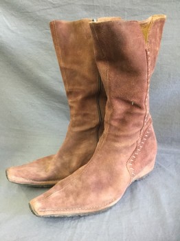 Womens, Sci-Fi/Fantasy Boots , BERTIE, Brown, Beige, Suede, Solid, 8, Dusty Brown Suede, Calf High, Pointed Toe with Square End, Tan Top Stitching, Wedge Heel Inside (Not Visible), Side Zip, Lightly Aged