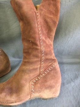 Womens, Sci-Fi/Fantasy Boots , BERTIE, Brown, Beige, Suede, Solid, 8, Dusty Brown Suede, Calf High, Pointed Toe with Square End, Tan Top Stitching, Wedge Heel Inside (Not Visible), Side Zip, Lightly Aged