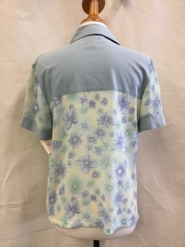 Womens, 1990s Vintage, Piece 1, ASHLYN KATE, Sage Green, Dusty Blue, Jade Green, Lt Yellow, Polyester, Solid, Floral, S, Shirt, Short Sleeves, Button Front, Notched Lapel, Solid Yoke/collar and Trim, Sheer Body and Sleeves,