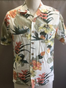 LIGHTNING BOLT, Multi-color, Ecru, Burnt Orange, Olive Green, Yellow, Cotton, Hawaiian Print, Floral, Ecru with Burnt Orange/Olive/Yellow/Dark Green Flowers and  Palm Leaves Pattern, Short Sleeve Button Front, Collar Attached, 1 Patch Pocket with Button Closure