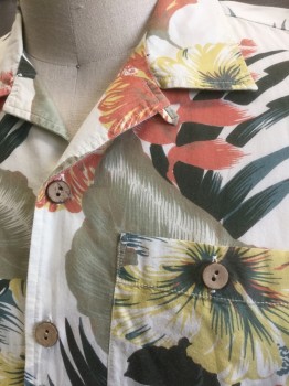 LIGHTNING BOLT, Multi-color, Ecru, Burnt Orange, Olive Green, Yellow, Cotton, Hawaiian Print, Floral, Ecru with Burnt Orange/Olive/Yellow/Dark Green Flowers and  Palm Leaves Pattern, Short Sleeve Button Front, Collar Attached, 1 Patch Pocket with Button Closure