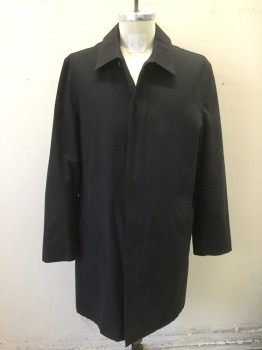 Mens, Coat, Trenchcoat, JOSEPH ABBOUD, Dusty Black, Cotton, Solid, M, 4 Buttons, Covered Button Placket, Collar Attached, Mid Calf Length, 2 Welt Pockets, Gold Self Stripe and White with Gray Striped Lining