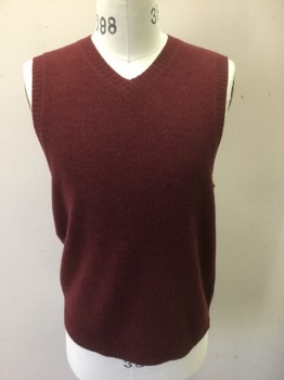 CLUB ROOM, Maroon Red, Wool, Solid, Knit, Pullover, V-neck