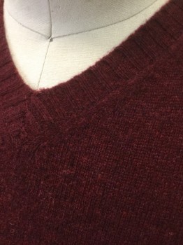 CLUB ROOM, Maroon Red, Wool, Solid, Knit, Pullover, V-neck