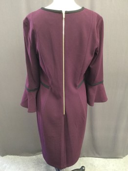 CALVIN KLEIN, Plum Purple, Black, Polyester, Spandex, Solid, Crew Neck with Black Trim, 3/4 Bell Sleeves with Black Detail, Black Side Stripe Inset, Gold Back Zipper,