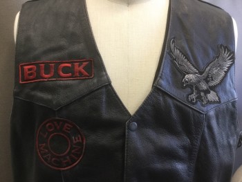 UNIK, Black, Leather, Solid, V-neck, Snap Front, Slit Pockets, Red and Black "buck" and "love Machine " Patches, Grey Eagle Patch, Side Lace Up, "live Free", Devils..." Patches on Back