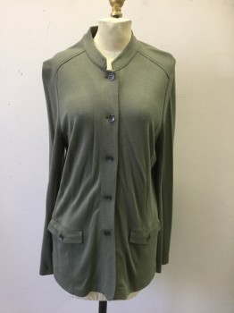 JJILL, Olive Green, Cotton, Solid, Band Collar, B.F., 5 Buttons, 2 Pockets with Flaps, Cotton Jersey