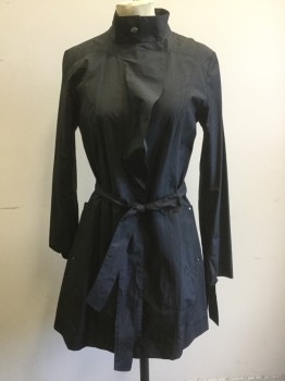 COLE HAAN, Black, Polyester, Nylon, Solid, Zip Front with Snap Placket Has a Slight Ruffle, Self Belt