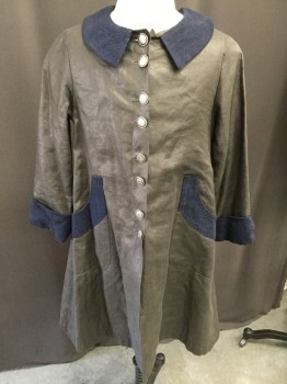Childrens, Coat 1890s-1910s, MTO, Dk Gray, Navy Blue, Silk, Cotton, Solid, C:30, Silk Linen Blend, Navy Shawl Collar/Cuffs and Pockets, Pewter Button Front, Back Strap W/buttons