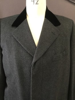 Mens, Coat 1890s-1910s, DOMINIC GHERARDI, Charcoal Gray, Black, Wool, Silk, Solid, 46, Single Breasted, Hidden Placket, Pocket Flap, Notched Lapel, Black Velvet Collar,